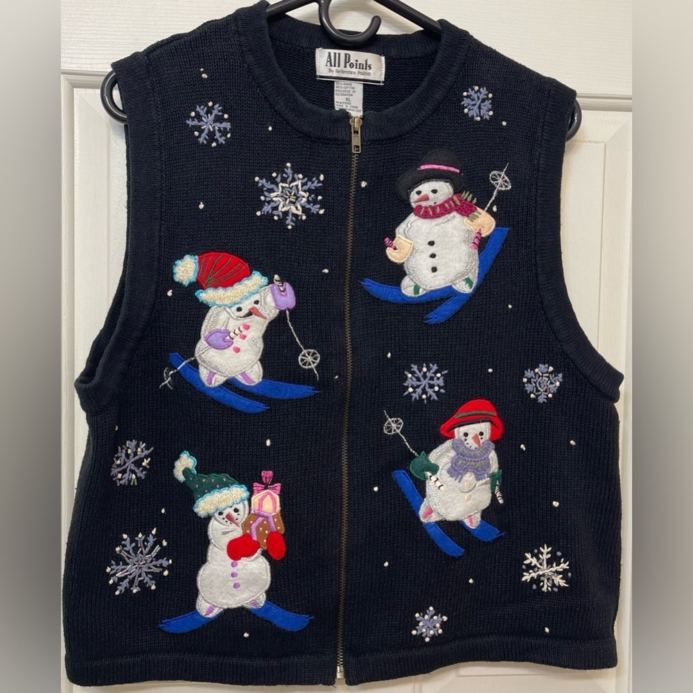 All Points Beaded Embroidered Christmas Snowman‎ Ski Vest Zip Womens Xl Black